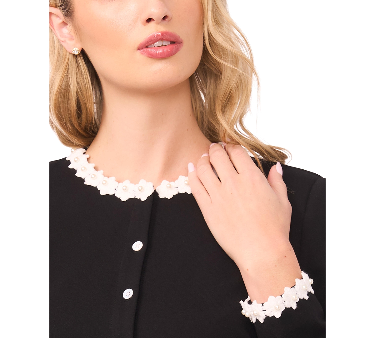 CeCe Women's Crochet Floral Trim Detail Crewneck Cardigan