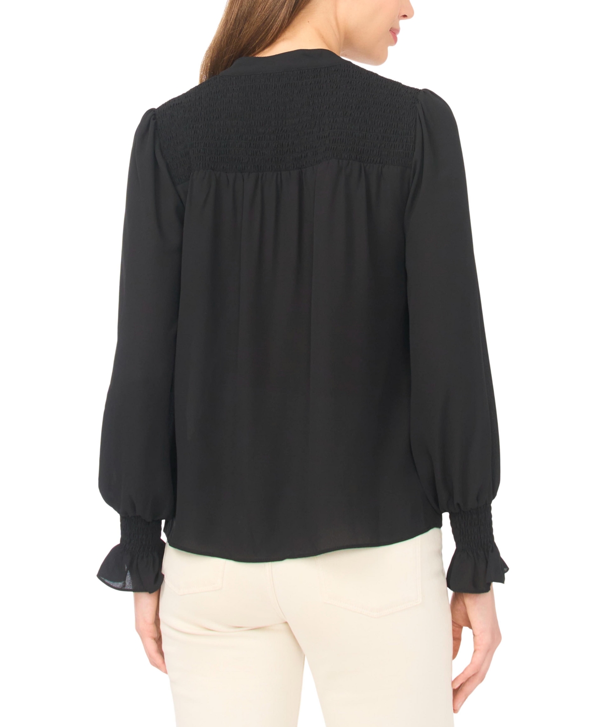 CeCe Women's Long-Sleeve V-Neck Smocked Top