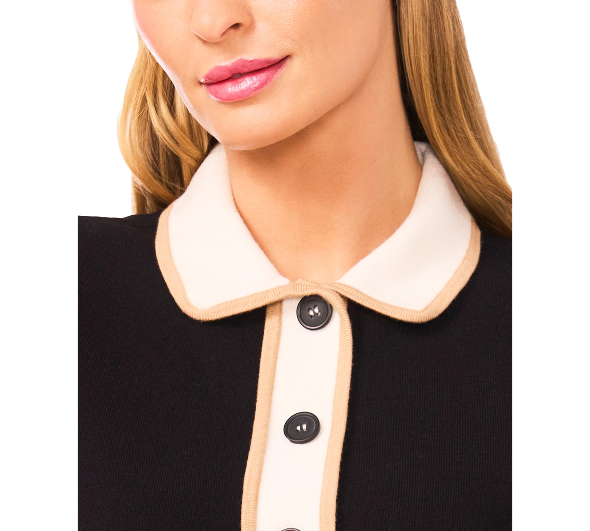 CeCe Women's Short Sleeve Polo Collar Sweater with Lace Sleeves