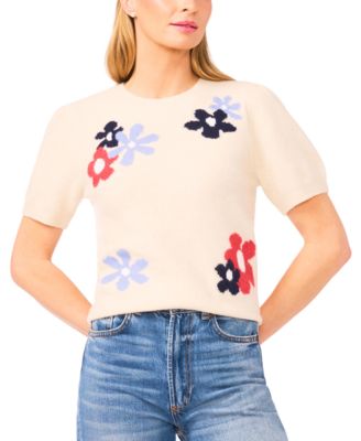 Women's Crewneck Flower Patterned Knit Short-Sleeve Sweater