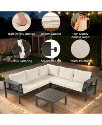4 Piece Outdoor Acacia Wood L Shaped Patio Sofa Set with Coffee Table Woven Mesh Armrests Beige Cushions for Garden Poolside