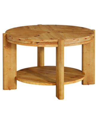 Round Solid Wood Coffee Table, 29.5" Farmhouse Circle Accent Center Tables, 2 Tiers Open-Style Storage Cocktail Tea Furniture