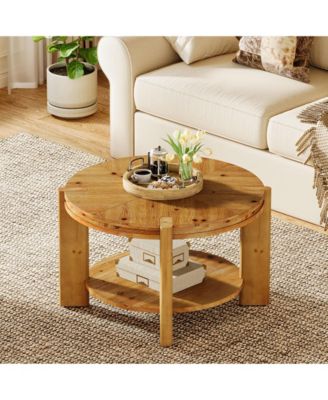 Round Solid Wood Coffee Table, 29.5" Farmhouse Circle Accent Center Tables, 2 Tiers Open-Style Storage Cocktail Tea Furniture