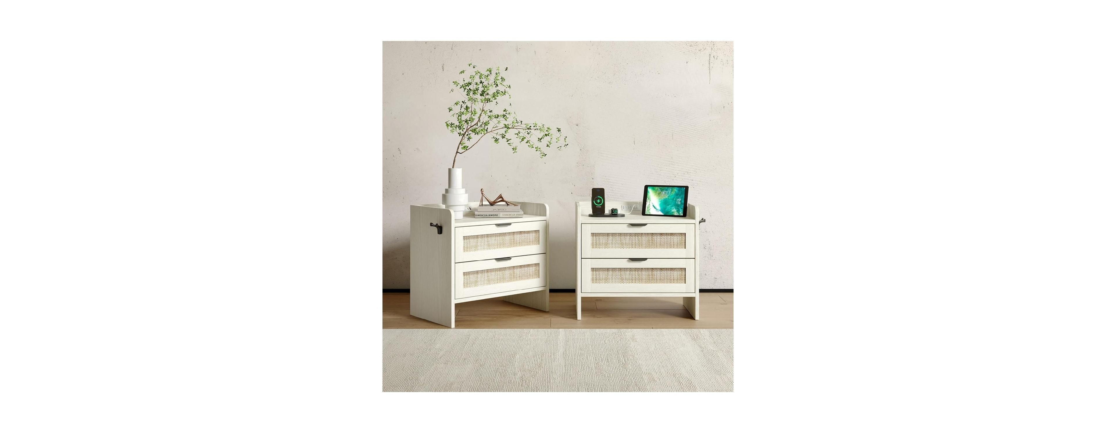gaomon Set of 2 Rattan Nightstands, 2-Drawer Bedside Table with Type-c Charging Station