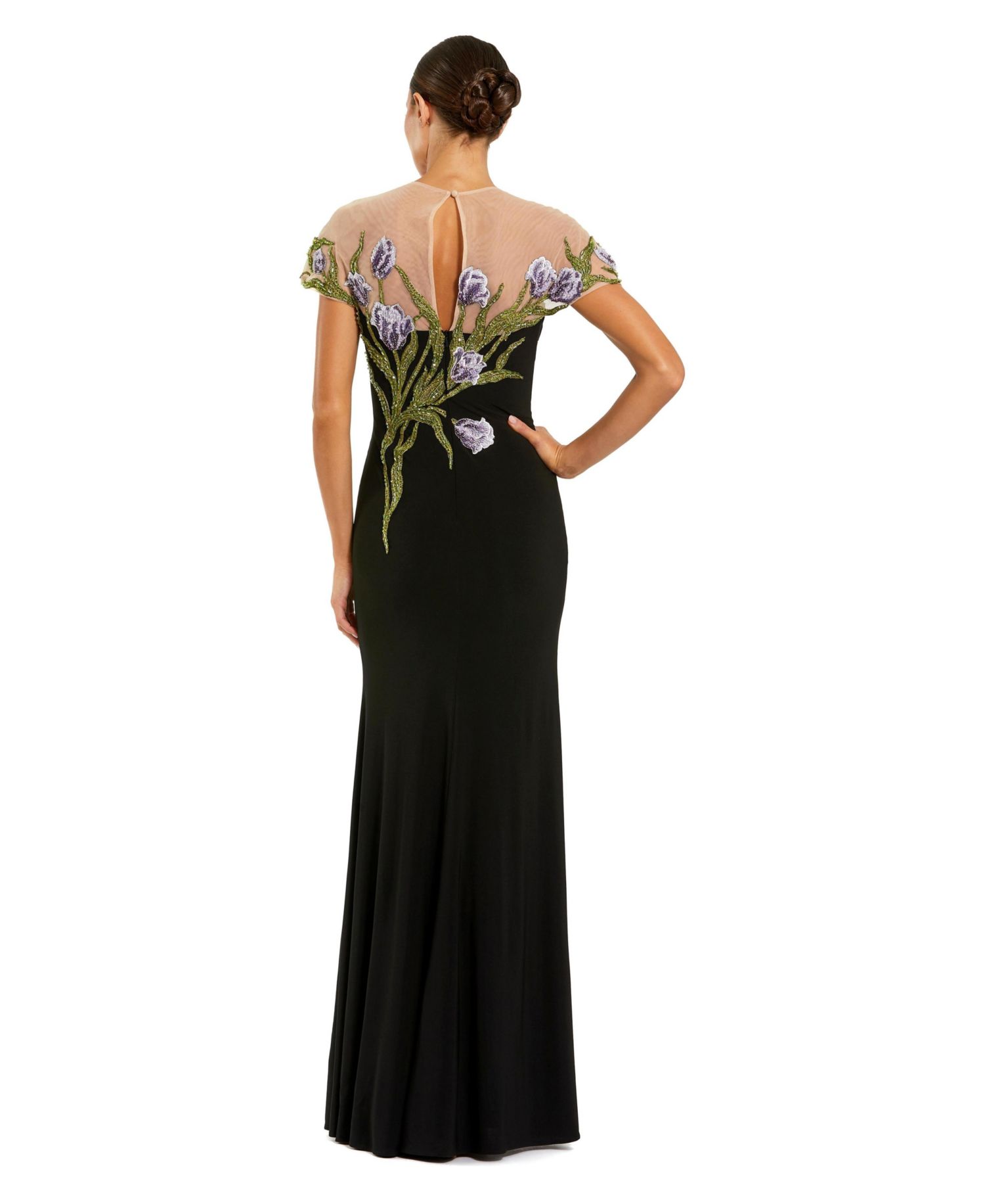 Petite Jersey Floral Embroidered Illusion Neck Gown