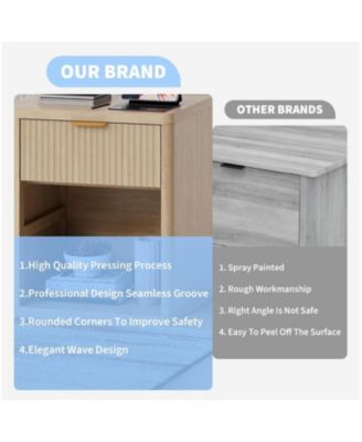 Set of 2 Natural Fluted Nightstands, Bedside Table with Charging Station Drawers & Open Storage