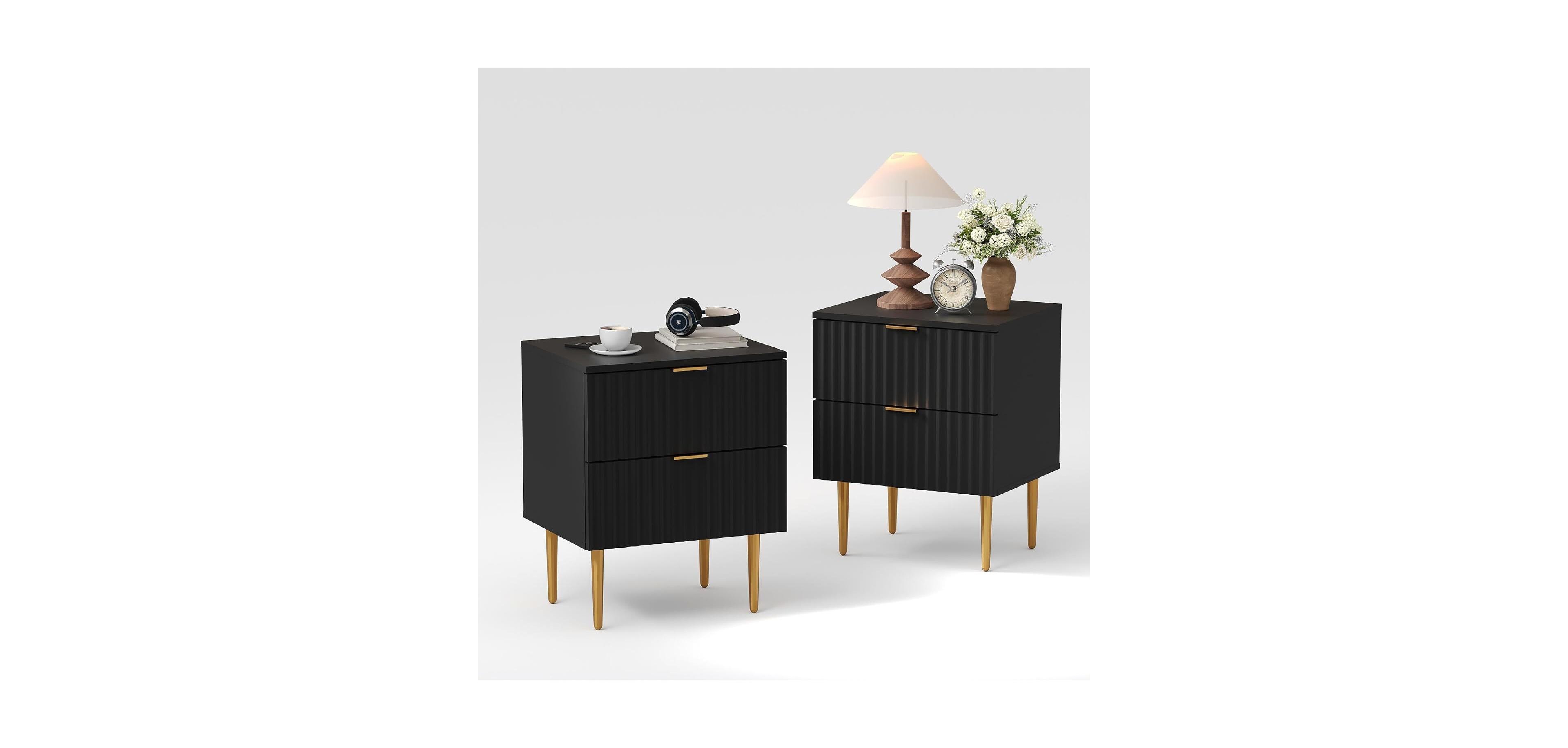 gaomon Set of 2 Black 2-Drawer Fluted Nightstands, Gold & Wood Bedside Table with Usb Charging Station