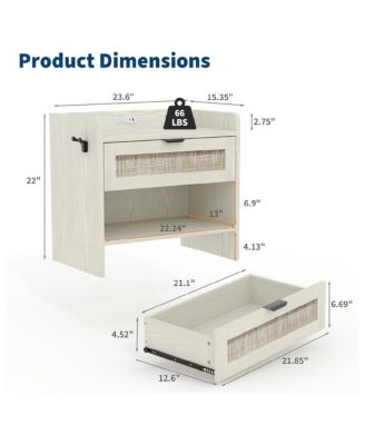 1PC Rattan Nightstand, 1-Drawer Bedside Table with Type-C Charging Station & Open Storage