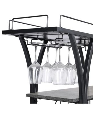 32.6'' Tall Industrial Style Rolling Kitchen Island Wine Cart with Black Finished, Fir Wood Mobile Metal Wine Bar Cart