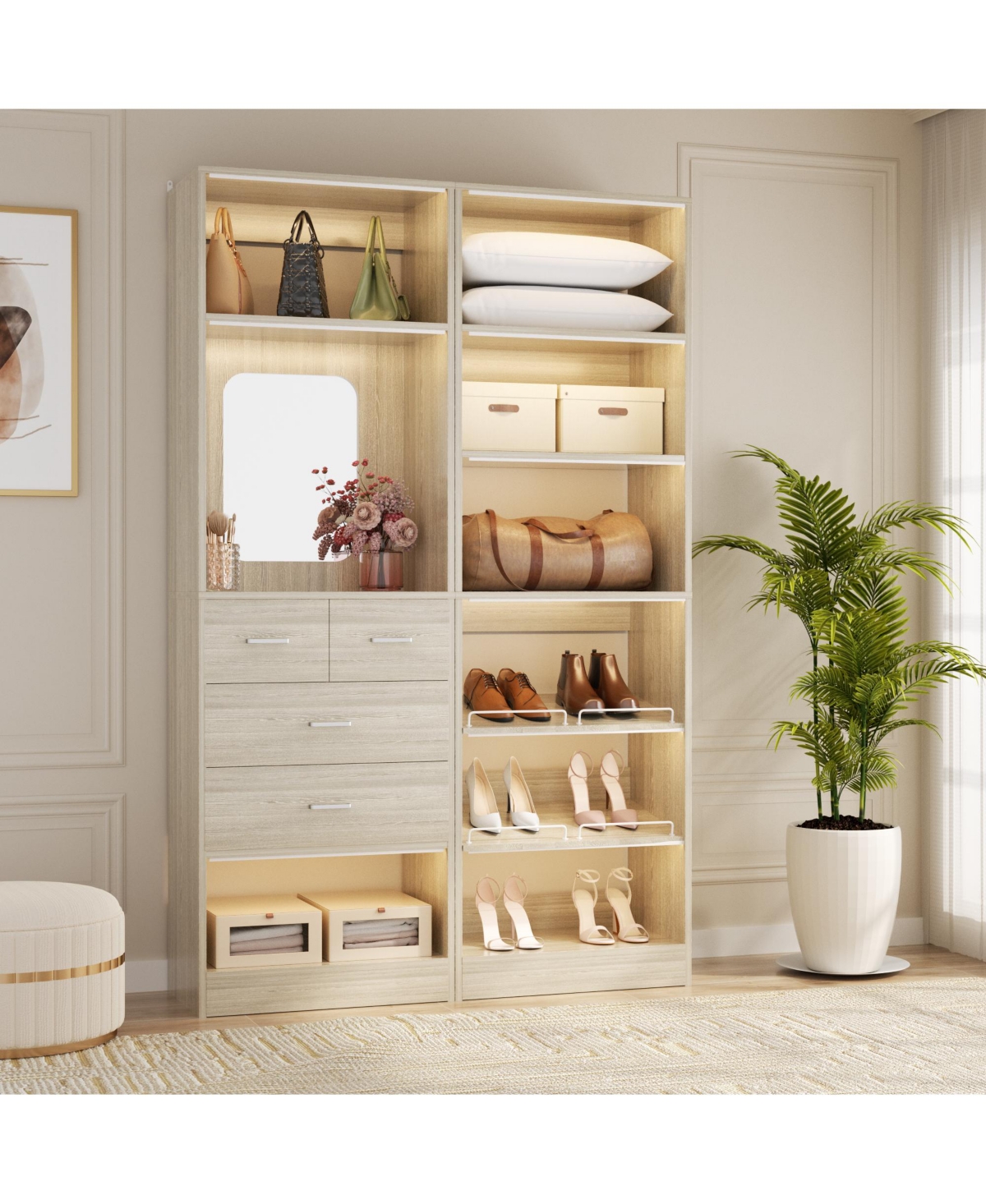 Aheaplus Set of 2 Free-standing Closet System with Drawers and Hanging Rods for Reach-in/ Walk-in Closet - Washed oak