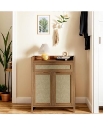 Shoe Cabinet, Wooden Storage Cabinet with Doors and Drawer, Rattan Buffet Cabinet Sideboard with Adjustable Shelf