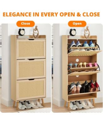 Shoe Cabinet with 3 Flip Drawers, Narrow 3-Tier Storage Organizer with Woven Rattan Front, Space-Saving Entryway Shoe Bench for Hallway, Porch