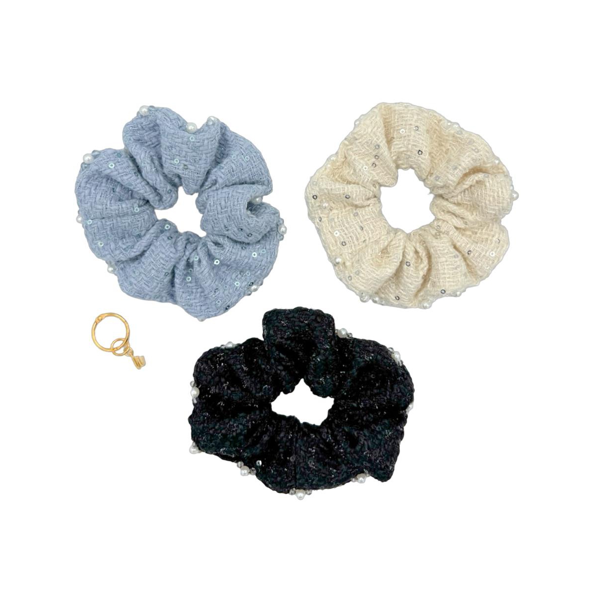 Draft - Headbands of Hope Women's Tweed Scrunchie Set of 3 - Sequin Pearls