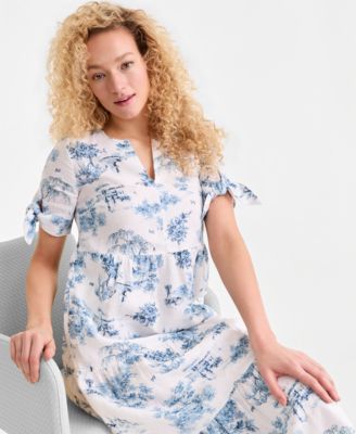 Women's 100% Linen Printed Tiered Fit & Flare Dress