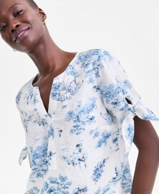 Women's 100% Linen Woven Vine Tie-Sleeve Top