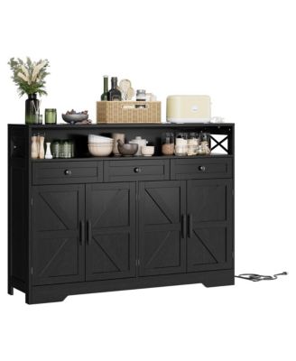 Farmhouse Black Sideboard Buffet Cabinet with Storage Shelf and Built-in Charging Station, 51-inch Large Coffee Bar Hutch