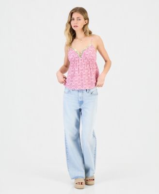 Juniors' Sequin-Trim Printed Babydoll Tank