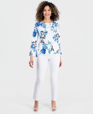 Petite Floral Flare-Sleeve Boat-Neck Top