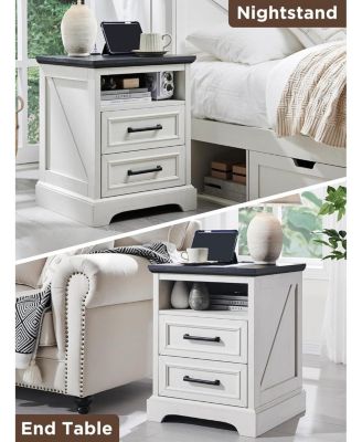 Set of 2 18 Inch White Farmhouse Nightstands, 2-Drawer End Table with USB Charging Station