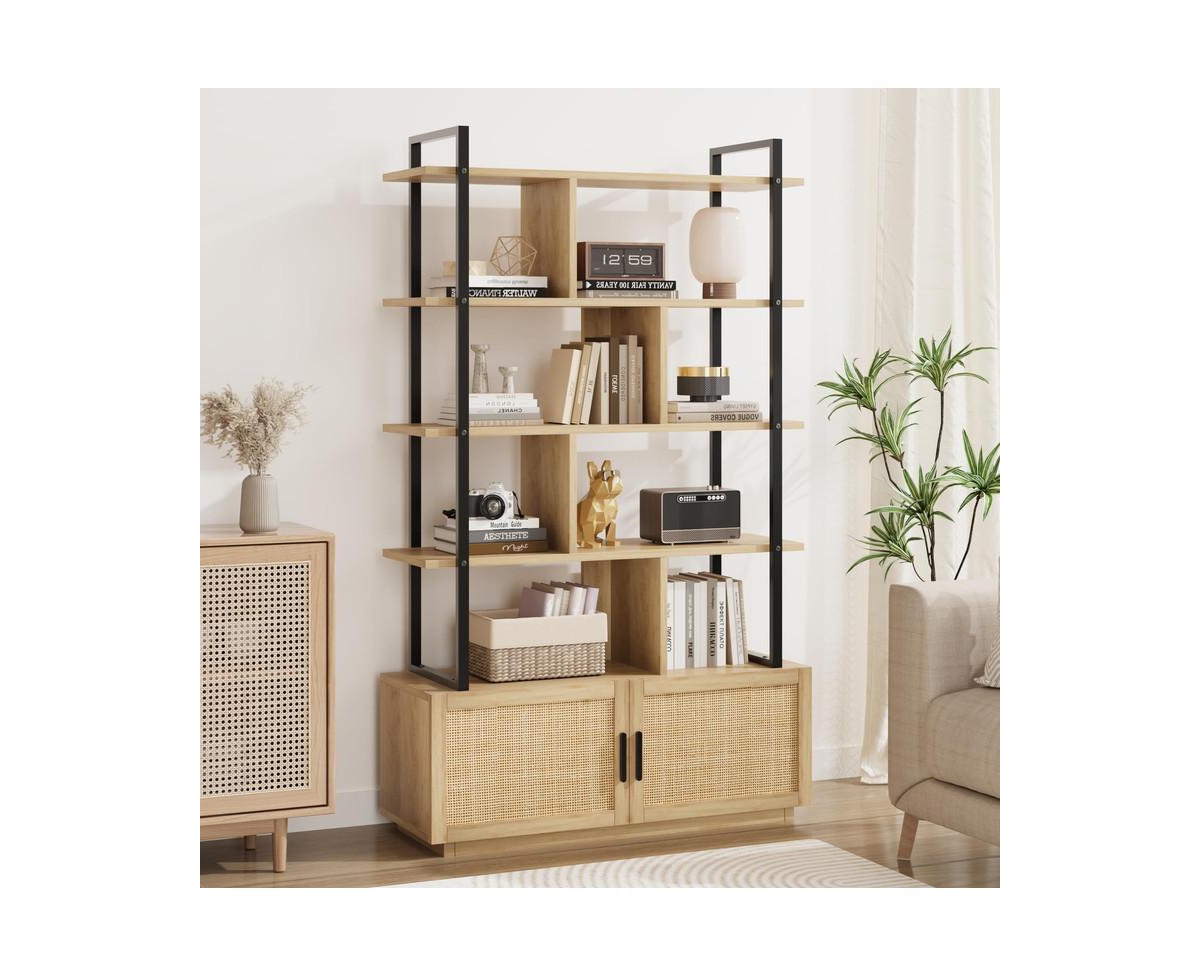 gaomon 5-Tier Rattan Bookshelf with Cabinet, 71.1 Inch Tall Bookcase with Open Display Shelves