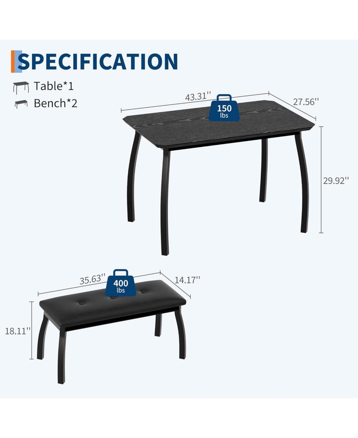 Gaomon Kitchen Table 3 Piece Dining Table Set for 4 for Dining Room, Home Office, Living Room