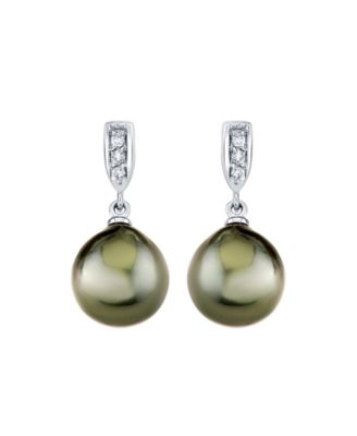 Cultured Tahitian Pearl (9mm) & Diamond Accent Earrings in 14k White Gold