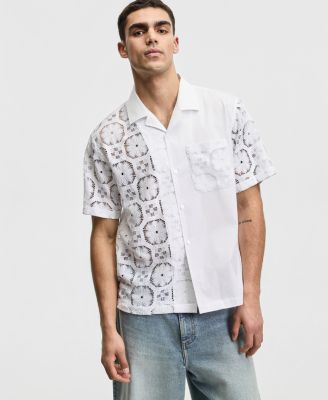 Men's Relaxed-Fit Spliced Lace Short-Sleeve Shirt