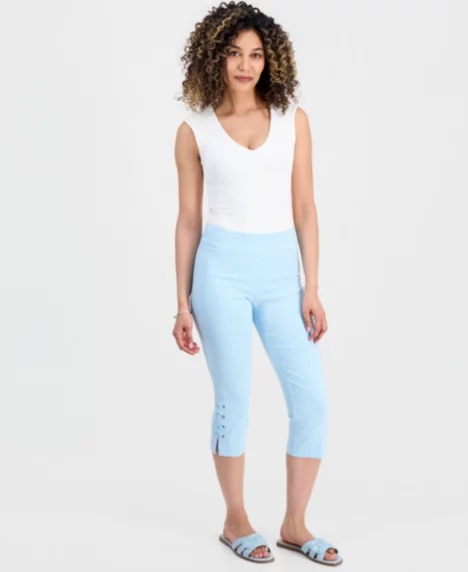 Petite Side-Lace-Up Capri Pants - Icy Aqua