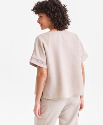 Women's 100% Linen Eyelet-Trim Short-Sleeve Top