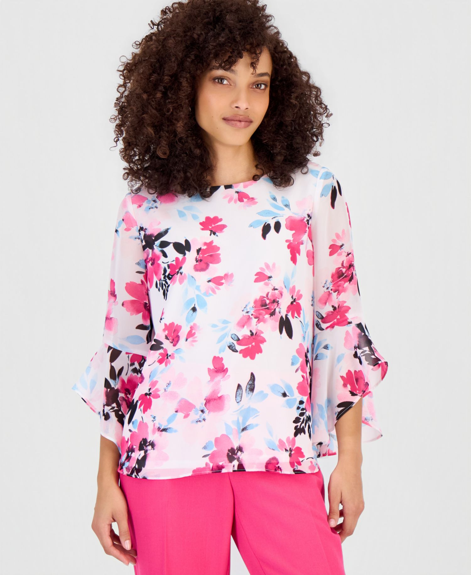 Petite Floral 3/4-Sleeve Ruffled-Cuff Blouse