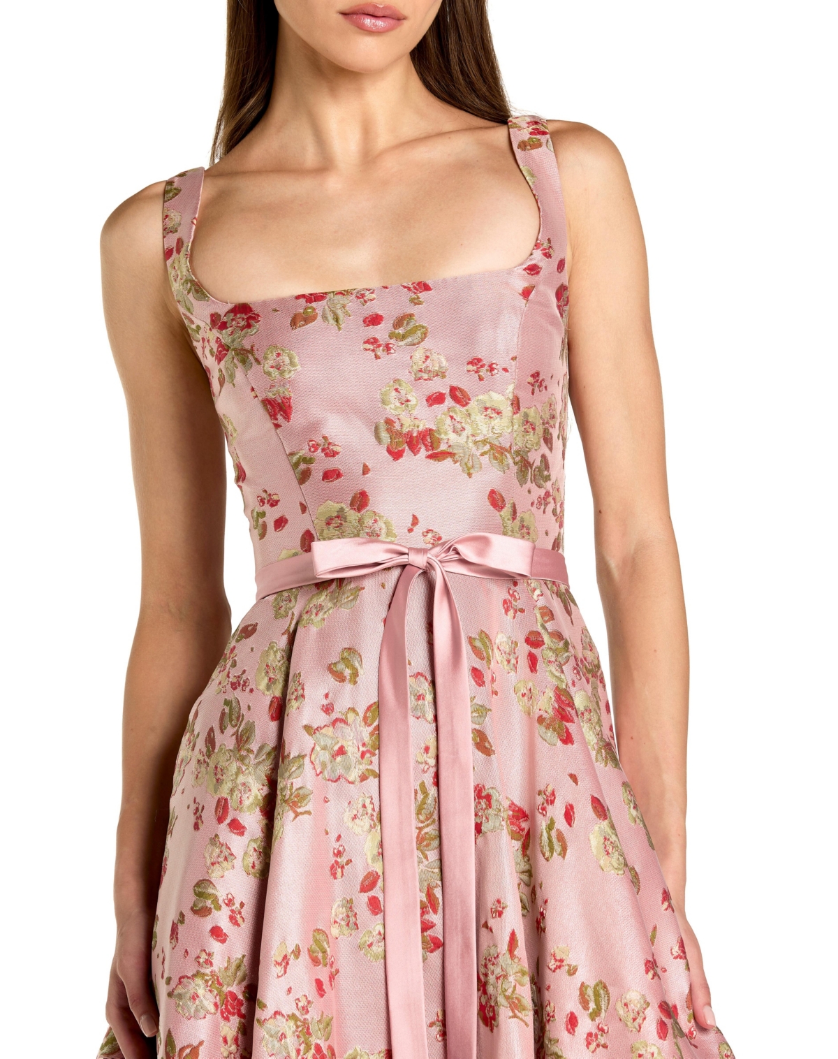 Mac Duggal Petite Pink Floral Brocade Square-Neck Midi Dress