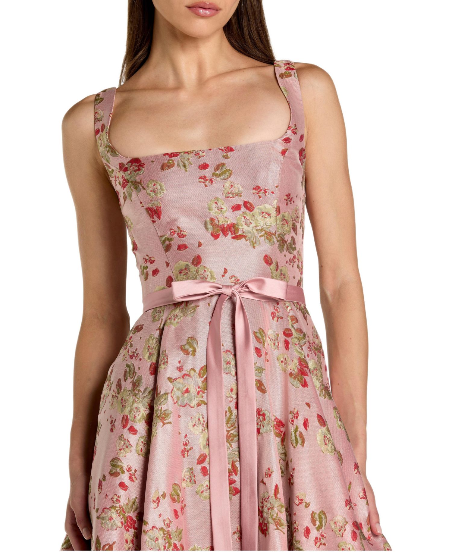 Petite Pink Floral Brocade Square-Neck Midi Dress