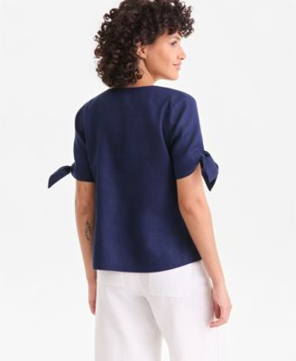 Women's 100% Linen Split-Neck Tie-Cuff Top