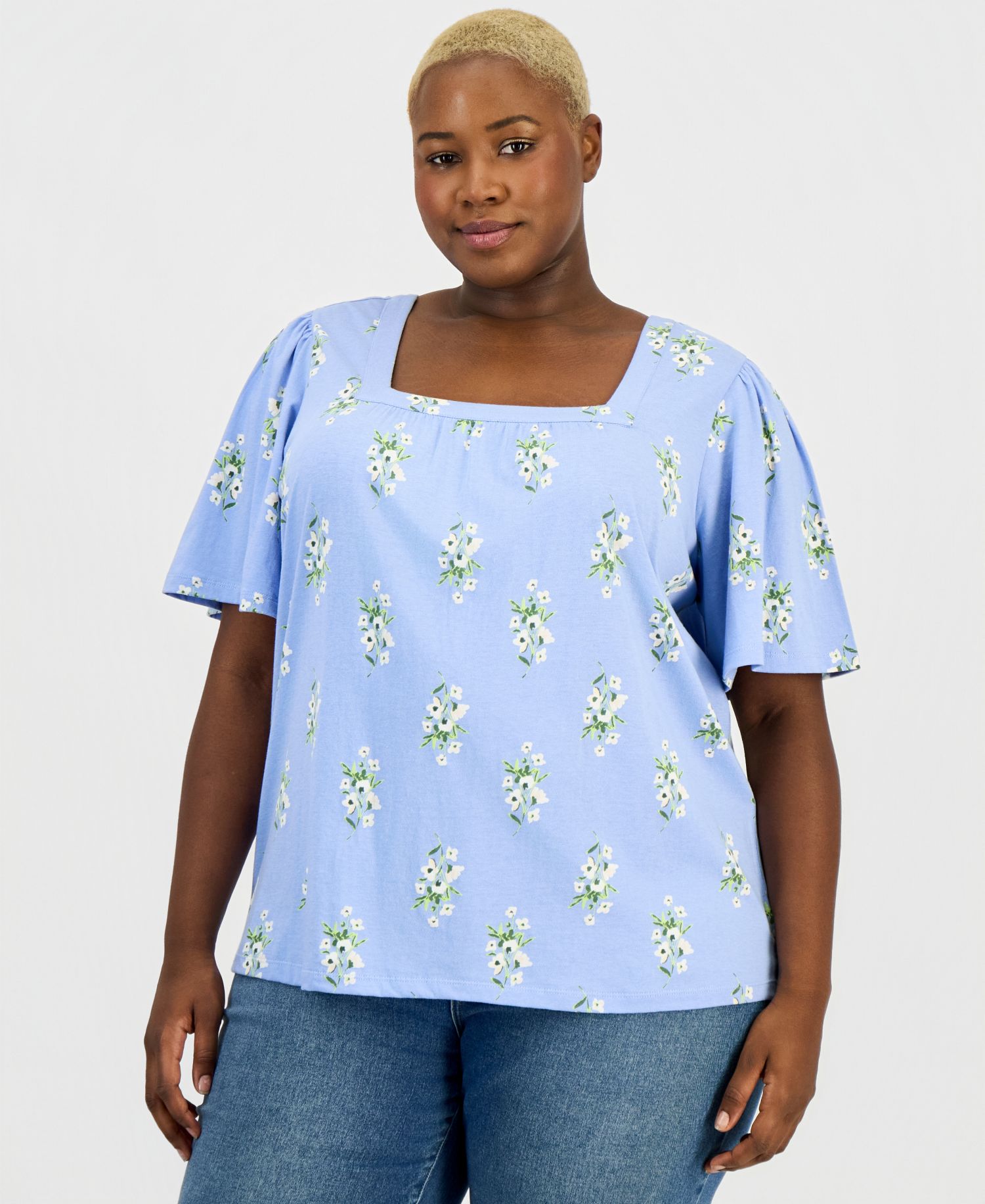Plus Size Short Flutter-Sleeve Square-Neck Knit Top