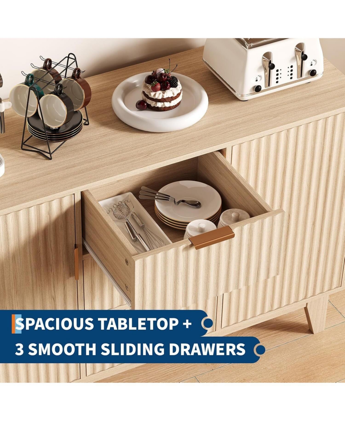 Gaomon Fluted Sideboard Buffet Cabinet, 47.2in Large Accent Coffee Bar Cupboard Storage Cabinet with 3 Drawers 2 Doors for Kitchen Living Room