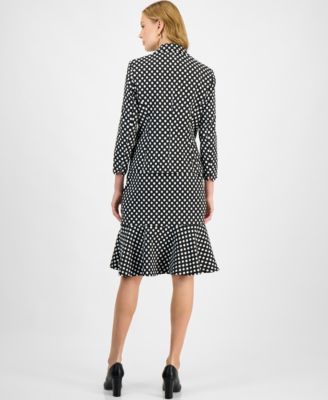 Women's Polka Dot Jacquard Blazer, Ruffle-Trim V-Neck Top & Polka Dot Flared-Hem Pencil Skirt, Regular & Petite