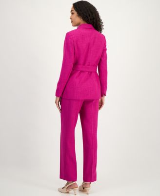 Women's Belted Notch Collar Blazer, Tie-Neck Sleeveless Top & Claire M&eacute;lange Straight Leg Pants