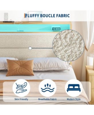 Cream Boucle Upholstered Bed Frame with LED Lights, Charging Station, 2-Tier Storage Shelves - Queen
