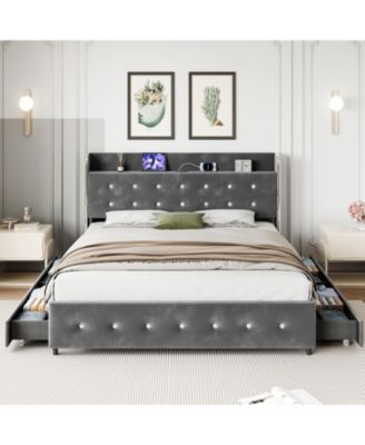 Upholstered Platform Bed Frame with Trundle & 4 Storage Drawers - Queen