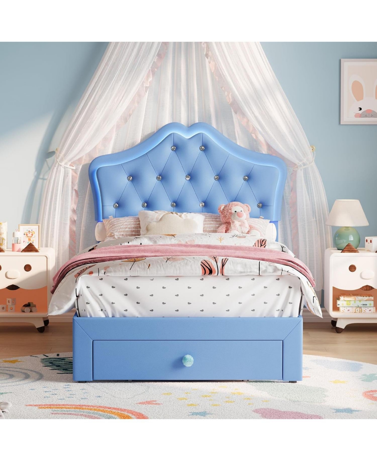 gaomon Twin Bed Frame with Led Lights, Velvet Crystal Headboard, Upholstered Platform, Drawer, Blue
