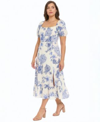 Plus Size Puff Sleeve Square Neck Midi Dress