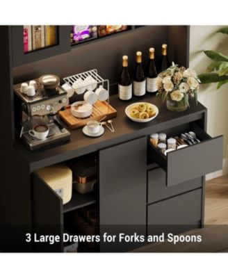 Freestanding Pantry Cabinet with Adjustable Shelf, Kitchen Pantry Cabinet with Built-in Power Hub for Dining
