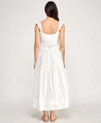 Juniors' Button Up Eyelet Top & Midi Skirt, 2-Piece Set