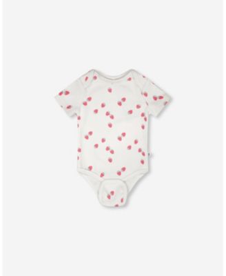 Baby Girls Evolutive Cotton Rib Jersey Onesie White Printed Strawberries