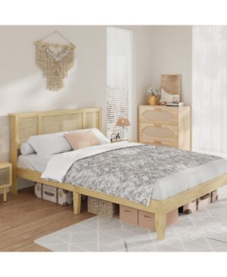 Full Bohemian Rattan Headboard Bed with Wood Slats, Metal Platform, Cane Accent, Durable Support, No Box Spring Needed