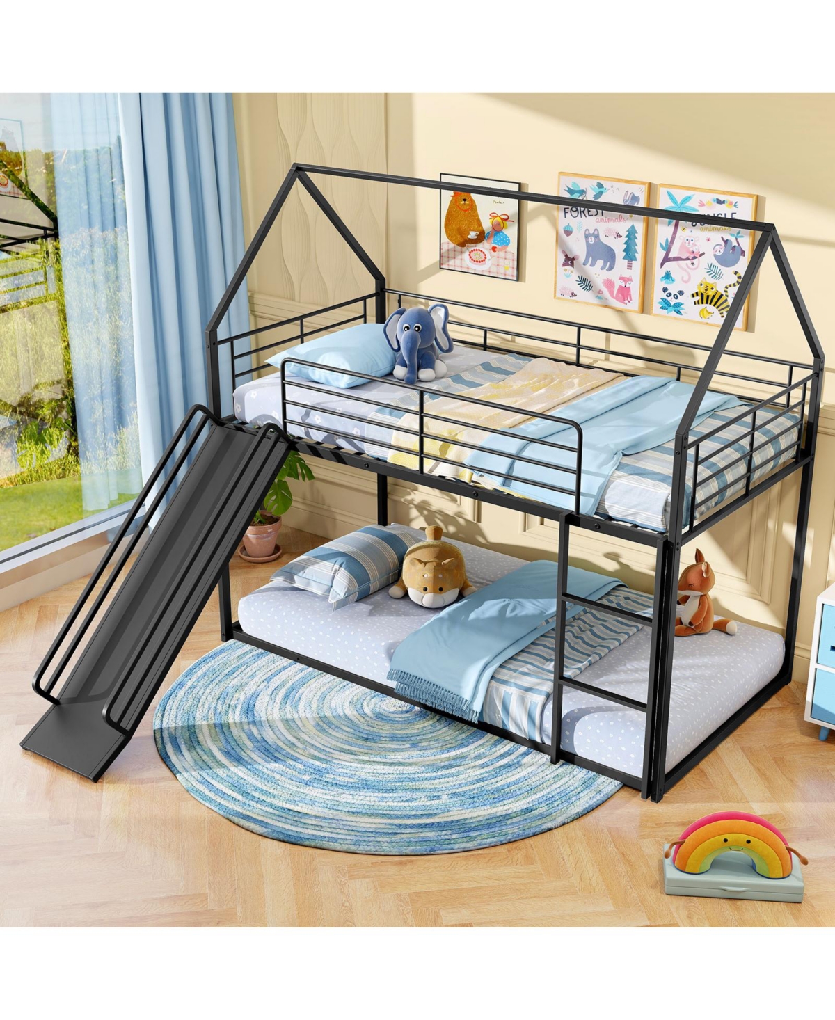 Slickblue Kids House Style Metal Low Bunk Bed, Twin Over Twin
