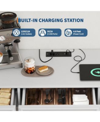 white 63" kitchen buffet cabinet with glass display, 3 drawers, charging station, and mesh barn doors.