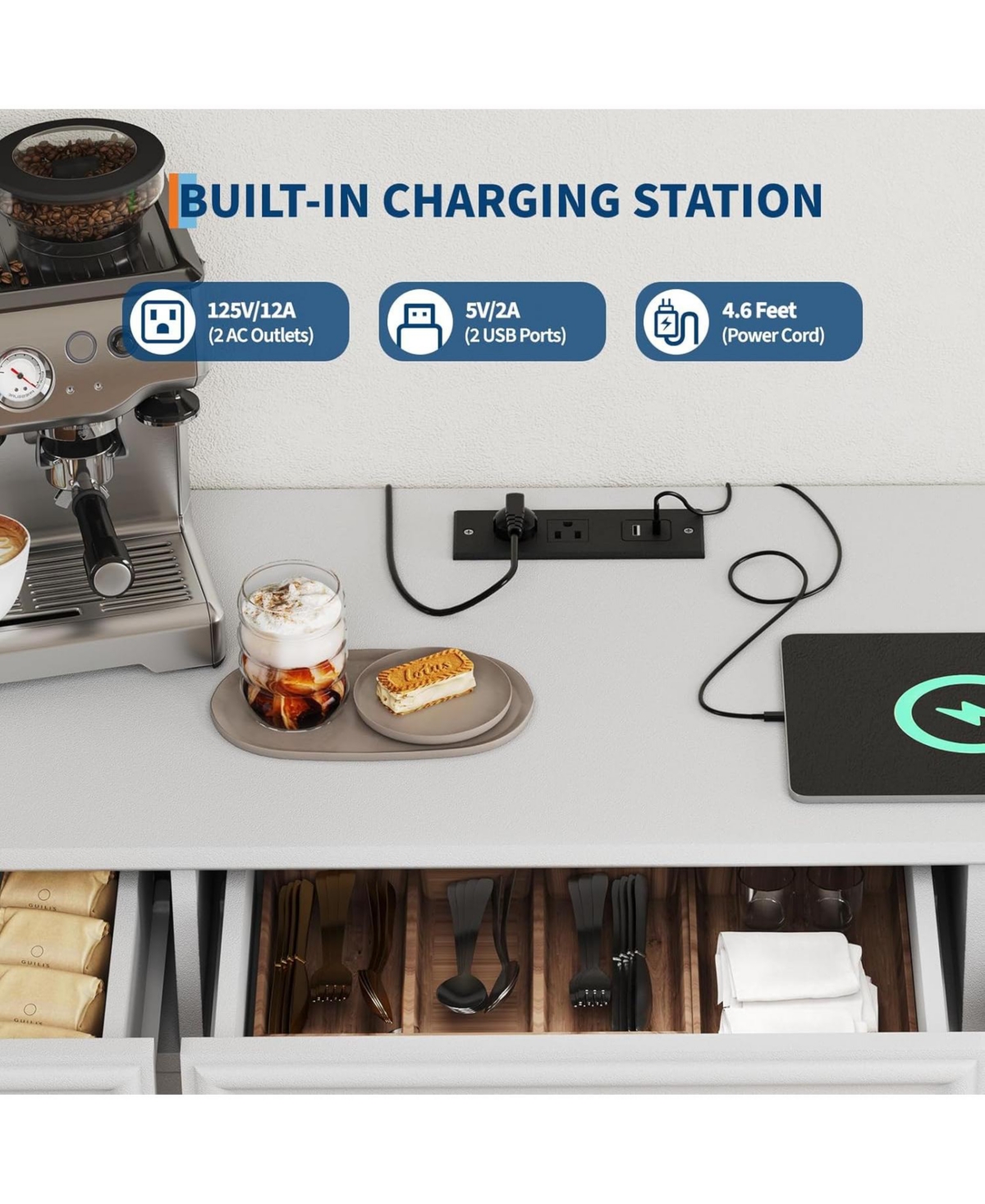 Gaomon white 63" kitchen buffet cabinet with glass display, 3 drawers, charging station, and mesh barn doors.