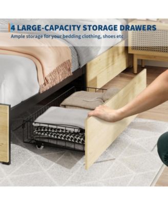 Full Boho Bed with Rattan Headboard, 4 Storage Drawers, Wood Slats, Metal Frame, No Box Spring Needed