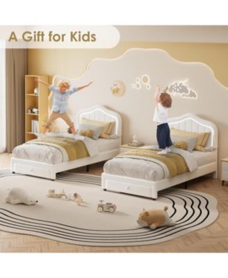 Twin LED Upholstered Bed Frame with Storage Drawer, Velvet Princess Platform for Kids